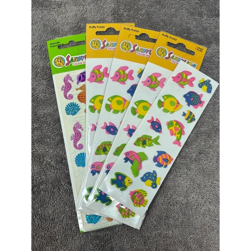 Sandylion Sticker Sheets Multi Puffy Fuzzy Fish Prismatic Seahorse Vintage 5ct